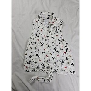 Kikis Delivery Service Shirt Womens Small White Jiji Cat Print Tie Front Top